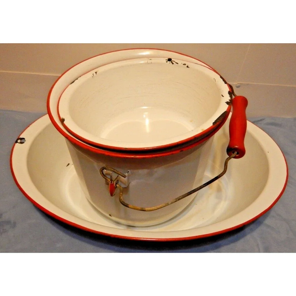 Vintage Enamelware 3 Pc Lot Chamber Pot Wash Basin Bowl White Red Trim Farmhouse